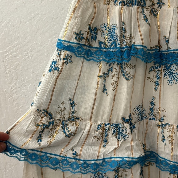 ANANTA S/M Blue Gold Metallic Lace Trim Boho Maxi Dress Made in India 25120 - Picture 7 of 11